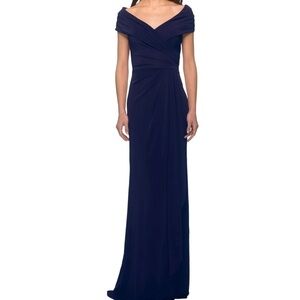La Femme Ruched Jersey Long Gown Off The Shoulder Blue Size 14 Mother of Bride
